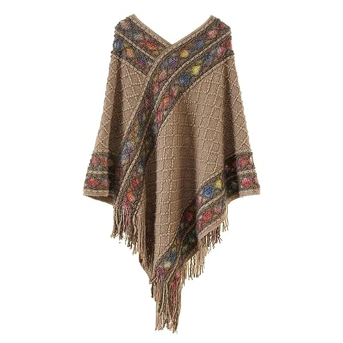 DraBEx Scialle da donna con nappa pullover retrò, scialle lavorato a maglia in stile etnico retrò, poncho per scialli da donna avvolge la sciarpa invernale (khaki)