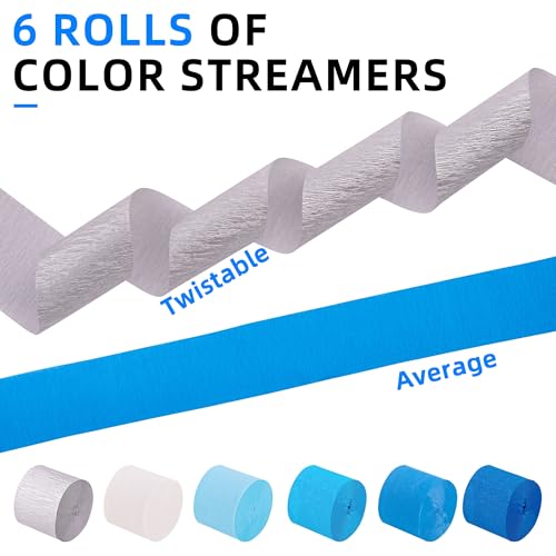 Image of Blue Silver White Crepe Paper Streamers, 6 Rolls, 738 Ft