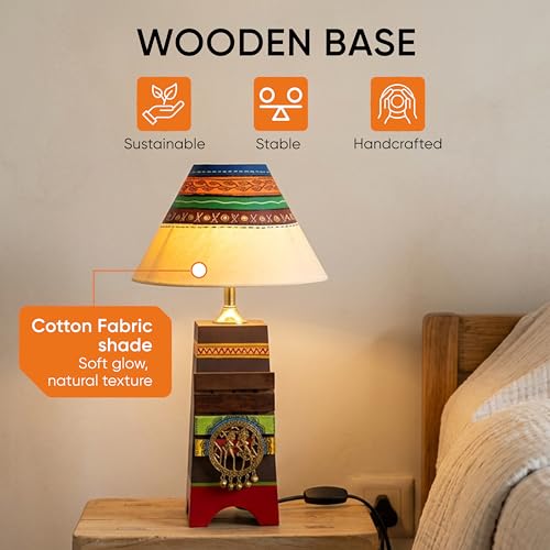 Image of AAKRITI ART CREATIONS Pyramid Wooden Table Lamp in Brown with Brass Motifs & Tribal Paintings with White Shade | Madhubani Art | Multi Color Wooden Lamp | Matte Finish Home Decor Lamp