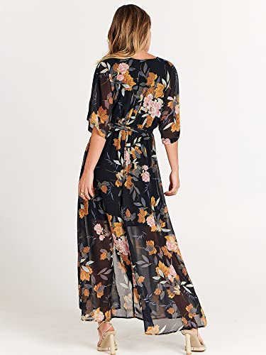 Image of ANRABESS Womens Boho Floral Wedding Guest Maxi Dress | Flowy A-Line Chiffon with Slit, Elegant V Neck Wrap Elastic Waist, Casual 1 /2 Sleeve Spring Summer Outfits, Tea Party