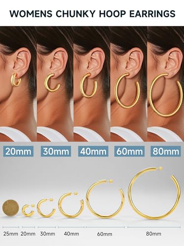 Image of Stainless Steel Chunky Hoop Earrings For Women, Minimalist and Chic, Black /Gold Plated, Round Hoops Earrings Hypoallergenic, Size: 30mm /40mm /60mm /80mm, Come with Box
