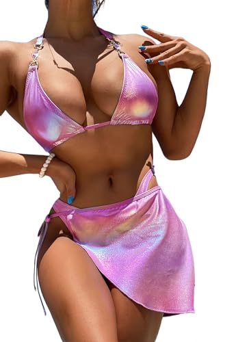 Women's Sexy Liquid Metallic Diamond Triangle Bikini Bathing Suit Tie Side Thong with Glitter Skirt 3 Piece Swimsuit