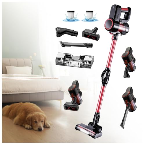 LRF-yxkj Aspiradora Fregona Sin Cable 5 in 1 Menor Ruido,Luces LED,Depósito 200 Ml, Aspirador De Mano Sin Cable Fregona Electrica Sin Cable para Alfombra Pelo Mascota Suelo Sofá Cama de Colchón