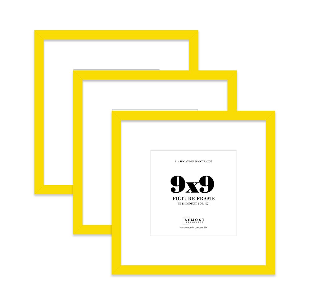9x9 Yellow Picture Frame with Mount for 7x7 Photos, Prints - Modern Square Wall Frame, Set of 3