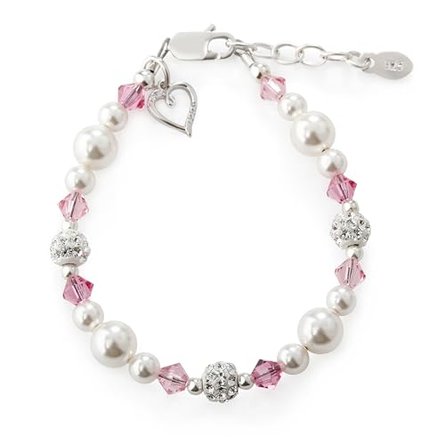 Cherished Moments Sterling Silver Charm Bracelet for Babies, Toddlers, Kids or Little Girls with High-End Simulated Pearls, Pink Crystals and Heart, Gift for Birthday or Granddaughter