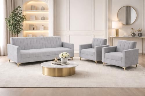 Image of Marvello 3+1+1 Fabric Sofa Set for Living Room | Soft Velvet Upholstery, Sturdy Wooden Frame | Stylish Sofa for Hall & Office Spaces (Light Grey)