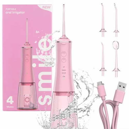 Smilekit® Irrigador dental eléctrico, irrigador portátil, recargable, aprobado por dentistas, batería de 60 días, carga USB-C, 4 modos, 3 opciones de color (rosa, talla única)