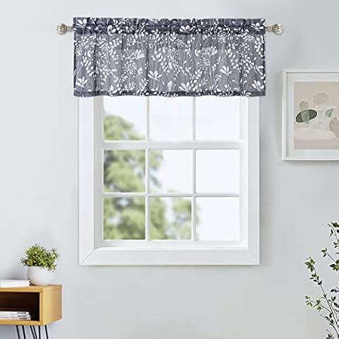 HOMERRY Semi Sheer Valance Linen Fabric Kitchen Valance Half Window Curtains for Cafe Farmhouse Country Light Filtering Curtains, White Floral Pattern in Gray, 1 Panel Cover