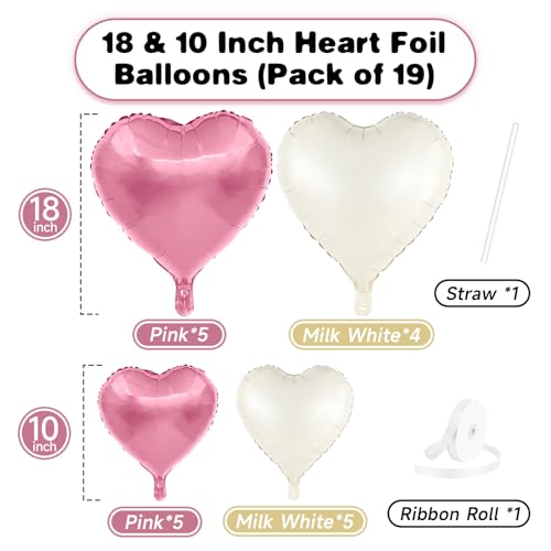 Pink White Heart Balloons, 19PCS Nude White and Pink Heart Shape Balloon, 18Inch with 10Inch Sand Helium Mylar Love Balloon for Birthday Baby Shower Bridal Wedding Party Decorations — view 2