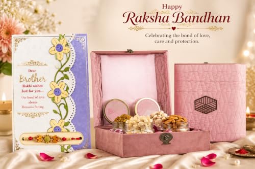 Image of Browntree Dry Fruits Rakhi Gift Hamper Pink Fancy-4P (700g) |Rakhi Hamper for Brother| |Cashewnut, Almond, Raisins & Pista | Premium Box with Glass Jars| Healthy Dry Fruit Box for Corporate Gifts & Festive Gifting | Ideal Gift box for All Celebration