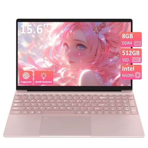 Image of 15.6''Pink Laptop Computer,1080P FHD Display,8GB RAM,512GB SSD,N5095 CPU Business Laptop,Numeric Keypad,Backlit Keyboard,Fingerprint Unlock,SD Card Reader,Webcam, 5GWiFi, HDMI,Pink