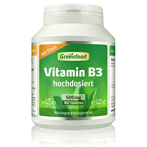 Greenfood Vitamin B3 Niacin (mat Spull!), 500 mg, héich Dosis, 180 Pëllen, vegan - de Glécksvitamin, fördert d'Blutzirkulatioun. OUNI kënschtlech Zousatzstoffer. Ouni genetesch Technologie.