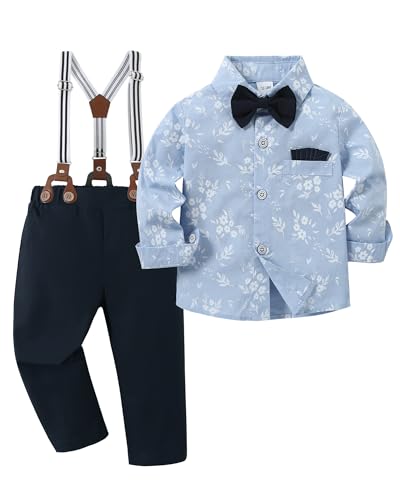 Image of YALLET Toddler Baby Boy Clothes Suit Gentleman Wedding Outfits Formal Dress Shirt+Bowtie+Suspender Pants