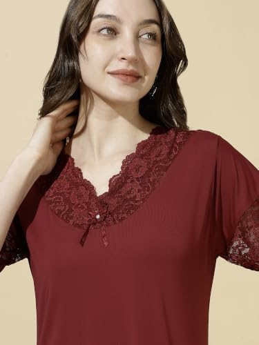 Image of 9shines Label Stylish Soft Modal Maxi Nighty | Honeymoon Nighty | Full Length Trendy Nightgown | V-Neck Lace | Premium Nightdress | Soft Long Nightdress | Maxi Gown Nightwear for Women (Malai Satin)