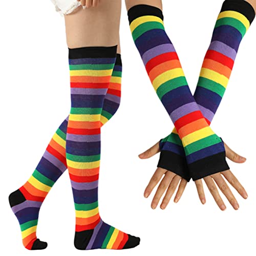 Image of Over Knee Rainbow Thigh High Socks Cosplay Accessories for Women Fashion Wild Long Striped Leg warmers