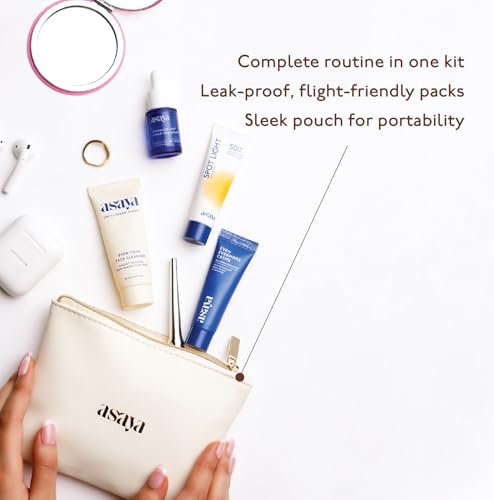 Image of Asaya Travel Kit | Gift for Women | With Free Travel Pouch Bag | Face Wash Cleanser, Serum, Moisturizer & Sunscreen (CSMS Combo) | Melame Complex, Alpha Arbutin, Kojic Acid, Niacinamide | All Skin Types | For Women & Men