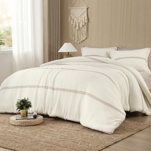 Image of PHF Cotton Muslin Comforter Set Queen - 100% Cotton Cover, Ultra Soft & Breathable, 3PCS Lightweight All-Season Bedding with Polyester Fill, 1 Comforter 90 inchx90 inch & 2 Pillow Shams 20 inchx26 inch, Ivory