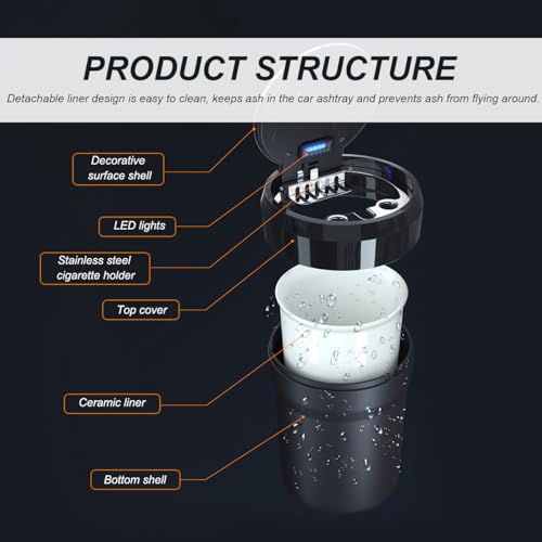 Image of DXNQ Car Ashtray with Lid, Easy Clean Up Detachable Smokeless Ashtray with LED Blue Light, Portable Mini Ash Tray Cup Holder for Car Home Office Travel, Interior Auto Accessories (Blue, Larger)