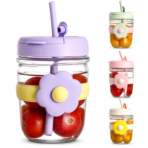 Image of Glass Tumbler with Lid & Straw - 300ml, Set of 1, Cute Daisy Glass Cup with Silicone Sleeve, Leakproof Reusable Drinking Glass for Iced Coffee, Juice, Milk, Smoothies & Tea, Travel Sipper Cup