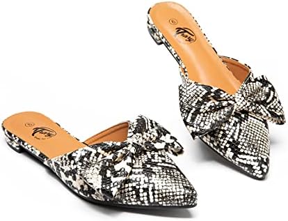 Trary Womens Mules Flats, Slip on Poited Toe Snakeskin Mules Shoes for Women, Bow Open Shoe Toe Leather Mules for Women, Backless Women's Mules, Snakeskin Slides Flats Mules for Women -Snake 09
