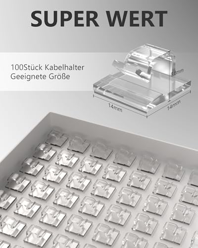 Tesmax 100 Stück Kabelhalter Selbstklebend,Kabelclips Selbstklebend für Kabelmanagement Kabel Organizer Kabelklemmen, Kabelbefestigung Kabelhaken Draht Halter Lichterkette(Transparent)