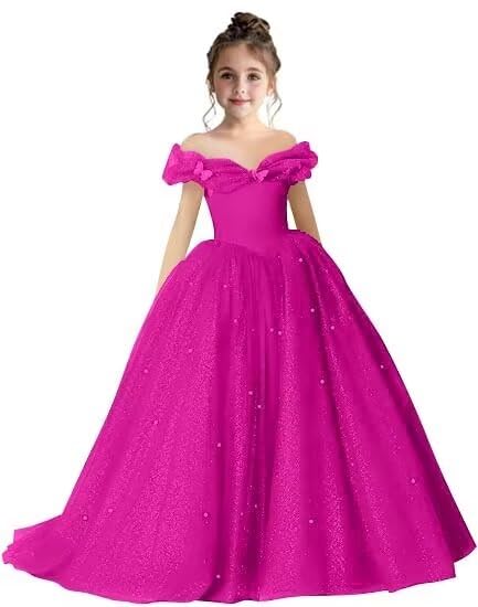 Flower Girl Dresses for Wedding Off Shoulder Pageant Dresses for Girls Sparkling Formal Party Ball Gowns