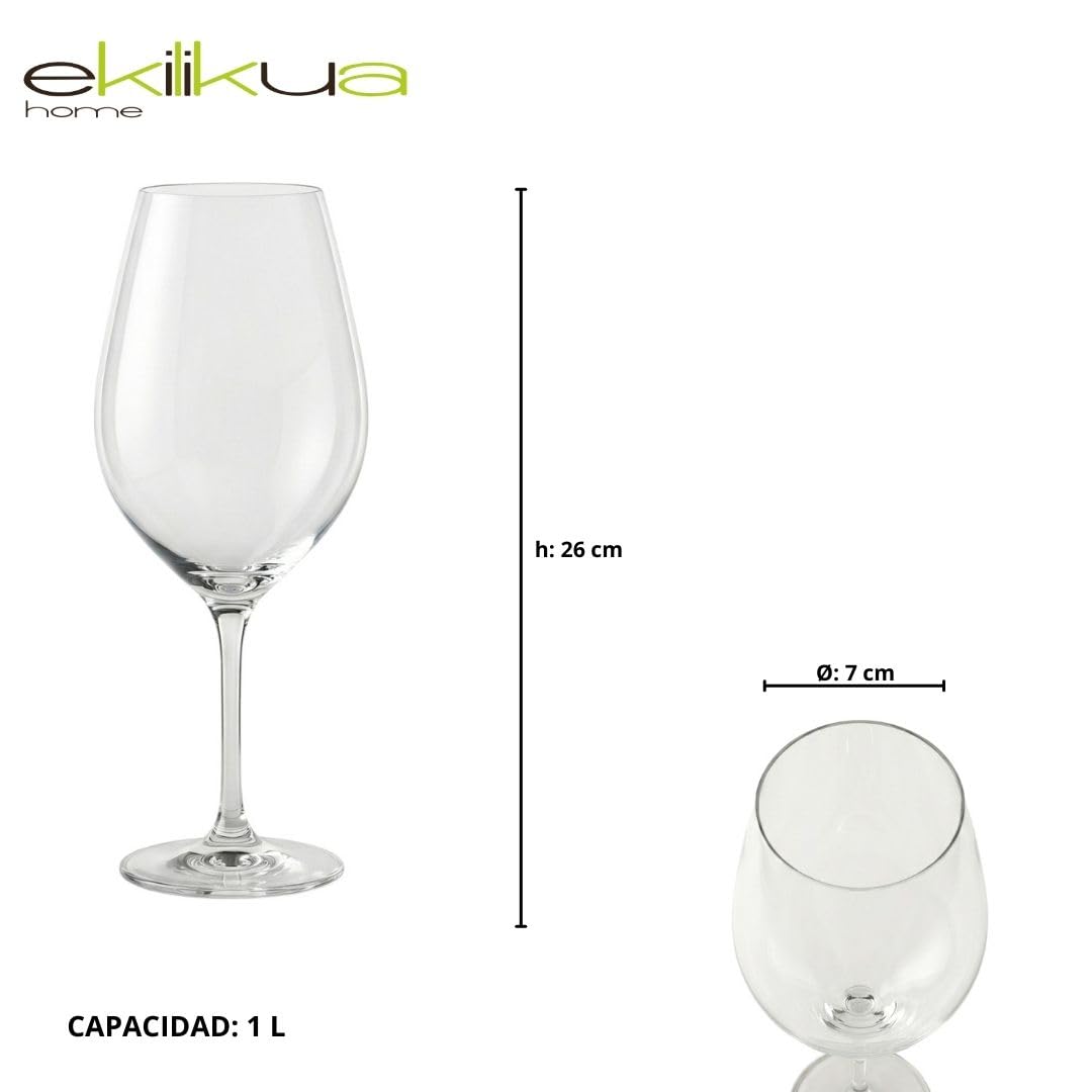 Set 6 Copas de Vino XXL, Cristal de Bohemia, 1 Litro, Transparente, 26 cm Altura | Set de 6, Clásico, Acabado Brillante, Resistente | Ideal para Regalos