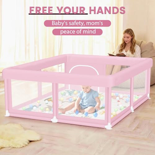Image of Large Baby Playpen with Mat 50 inchx50 inch Baby Girl Play Pen for Babies and Toddlers, Safe Structure and Soft, Skin-Friendly Fabric with Zipper Gates Pink