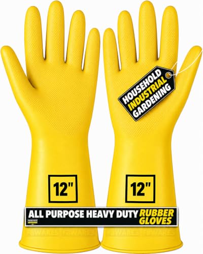 Image of F8WARES Heavy Duty Rubber Gloves for Cleaning Household, Kitchen, Bathroom | All Purpose Protective Thick Hand Gloves for Industrial, Gardening & Safety | Waterproof & Chemical Resistant (1 Pair Yellow)