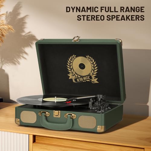 Image of Vinyl Record Player Bluetooth Turntable 3-Speed Suitcase Portable Vintage Belt-Driven Record Player with Built-in Speakers RCA Line Out AUX in Headphone Jack Military Green