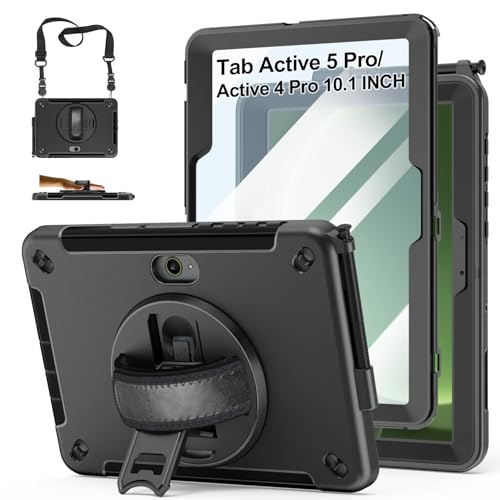 Case for Galaxy Tab Active 5 Pro 2025/4 Pro 2022/2019 10.1 Inch: TPU Cocer with Stand- Screen Protector -Hand Strap - Shoulder Strap - Pencil Holder - Black