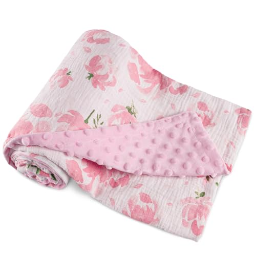 Image of GLLQUEN BABY Blankets for Unisex Boys Girls, Muslin Cotton Front Soft and Breathable, and Dotted Fleece Backing, Printed Bed Nursery Minky Blankets for Toddler Newborn, Pink Flower, 30 x40 inches