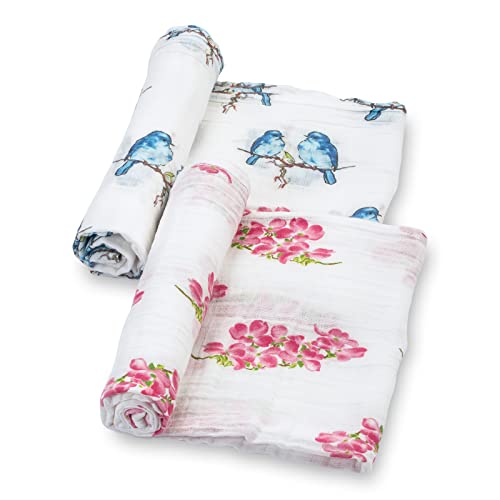Image of LollyBanks Baby Swaddle Blanket, 100% Muslin Cotton Muslin Blankets for Girls, Large 47 x 47 Inches Soft and Breathable Swaddles for Newborns, Baby Receiving Blanket, Registry (Flower and Bird 2 Pack)