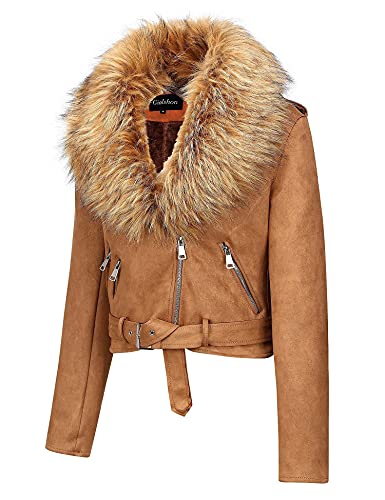 Giolshon Women Faux Suede Leather Jacket Fall And Winter Clothes Trendy Motorcycle Slim Short Coat With Removable Fur Collar 8830 Yellow Xl #TOP1