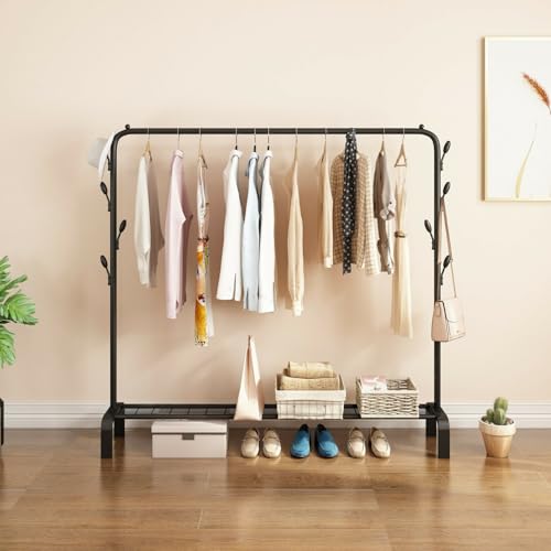 Image of Heavy Duty Metal Garment Rack with Wheels | Portable Clothes Hanging Stand | Rolling Clothing Rack for Bedroom, Laundry & Retail Store | Space Saving Cloth Stand (Black B)
