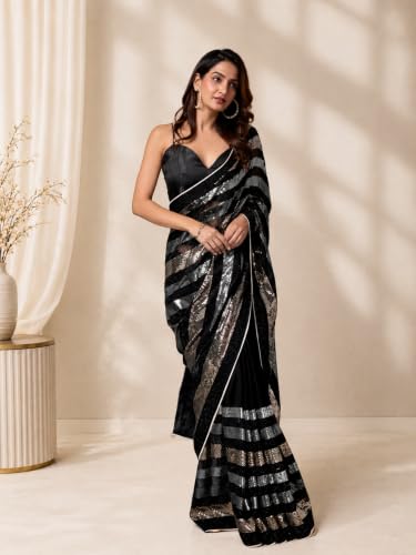 Image of TRENDMALLS Women's Georgette Embroidery Sequence Work Saree With Unstitched Blouse Piece