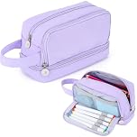 Alyvisun Large Capacity Pencil Case with 3 Compartments for Boys Girls, Desk Stationery Organizer Pencil Pouch with Handle, Portable Pencil Case for School Office Supplies (Purple)