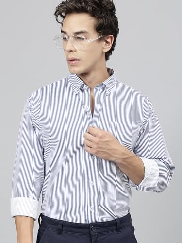 Image of Hancock Standard Slim Fit Striped Button-Down Collar Pure Cotton Casual Shirt(9607White-Red)