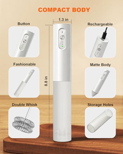 Image of 3-Speed Rechargeable Milk Frother with Cover, Dual Coil Whisk Coffee Frother Handheld - Portable Hand Frother Wand for Coffee Matcha Cappuccino & Hot Chocolate, Kitchen Gift, White