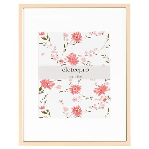 Image of eletecpro 11x14 Enamel Picture Frame with Real Glass Cover, Photo Frame with Gold Metal Edge Display Pictures 8x10 with Mat or 11x14 Without Mat for Tabletop and Wall Decor, Pink, 1 Pack