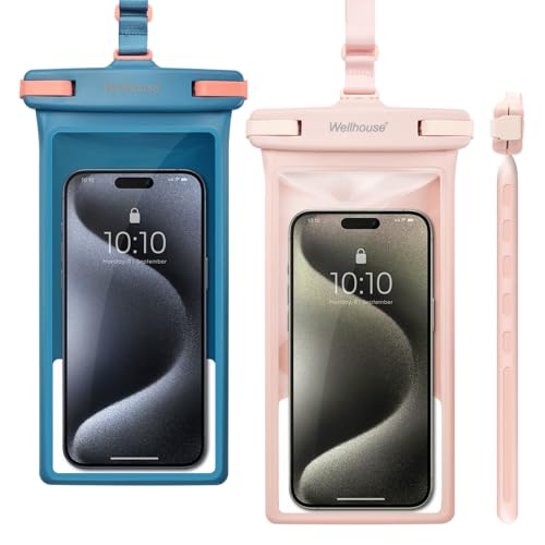 wellhouse Waterproof Phone Pouch, Waterproof Phone Case for iPhone 16 15 14 13 12 Pro Max XS Samsung, IPX8 3D Cellphone Dry Bag Beach Essentials (2 Pack - Blue & Pink8.0, 8 inch)