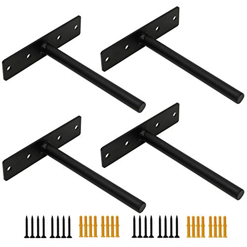 Soporte para Estanteria Flotante Forma de T, 10cm Soporte Estante Oculto Invisible de Hierro de Pared Capacidad de Carga 50 kg, Soporte Estanteria Industrial de Almacenamiento, 4 Piezas, Negro