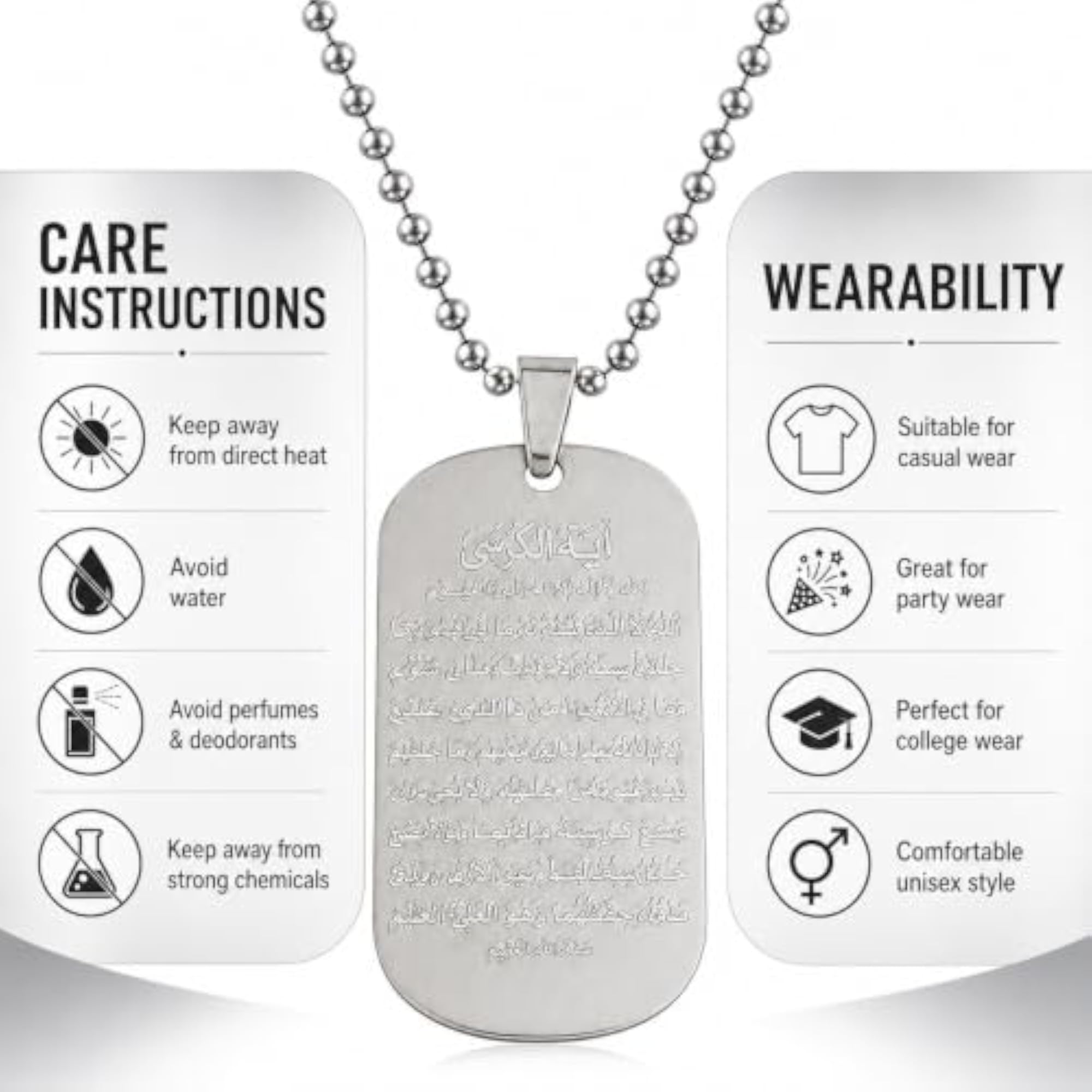 Islamic Allah Necklace, Silver Stainless Steel Design
