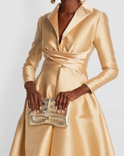 Noufany A-Line Satin Dress for Women Wedding Guest Long Sleeve Floor Length Shirt Collar Evening Gown Dress Elegant Draped3