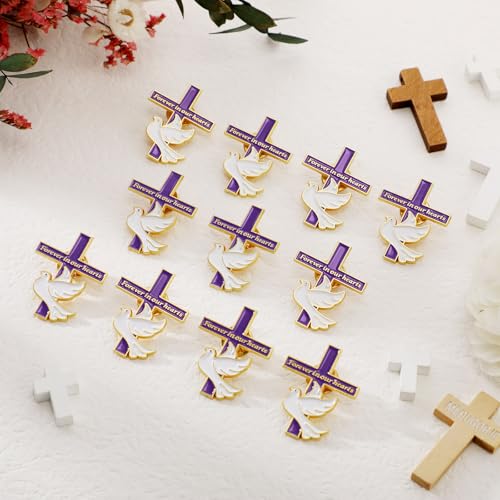 Misdary 25 Pack Funeral Favors Pins Bulk for Guests Memorial Forever in Our Hearts Dove Cross Lapel Pin Memorial Mourning (Purple) - Thumbnail 4