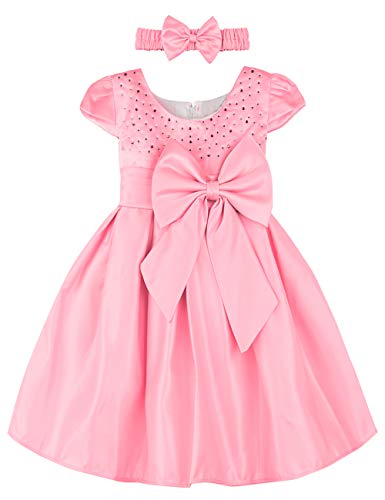 A&J Design Vestido Boda Niña Vestido de Princesa Fiesta Infantil Elegante Bautizo Ceremonia Niña con Diadema (Rosado, 12-18 Meses)