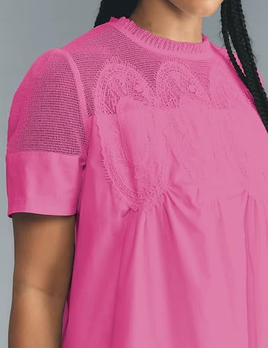 Image of Womens Summer Lace Mini Babydoll Dress Ruffled Collar Short Sleeve Loose Mesh Swing Elegant Flared Sundress