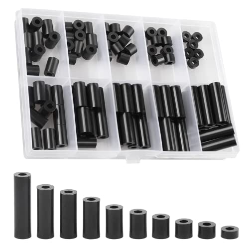 Image of Exqutoo Black ABS Round Washers ID 3.2mm,OD 7mm, 3mm 5mm 6mm 8mm 10mm 15mm 18mm 20mm 25mm Length, Assortment Kit, Non-Threaded, Suitable for M3 Screws Hardware Spacer Bracket
