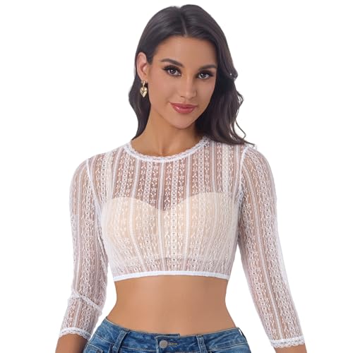 Adisno Blusa Tirolesa para Mujer,Blusa Tirolesa de Encaje,Elegante y Hermosa,Cuello Redondo,Blanco (FR/ES, Números, 38, Regular, Regular, Blanco)