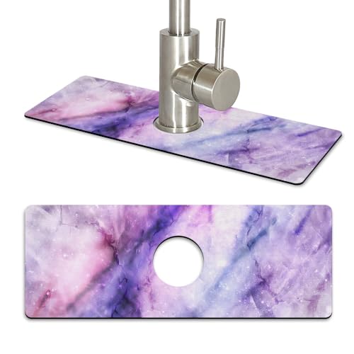 WIRESTER Super Absorbent, Fast Drying Kitchen Sink Splash Guard Faucet Mat, Sink Mat Behind Faucet Drip Catcher, Sink Gadget for Kitchen, Bathroom (15 x 5.5 Inch) - Purple Fuchsia Marble